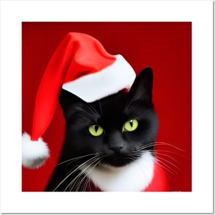 Cute black cat wearing santa hat Posters and Art